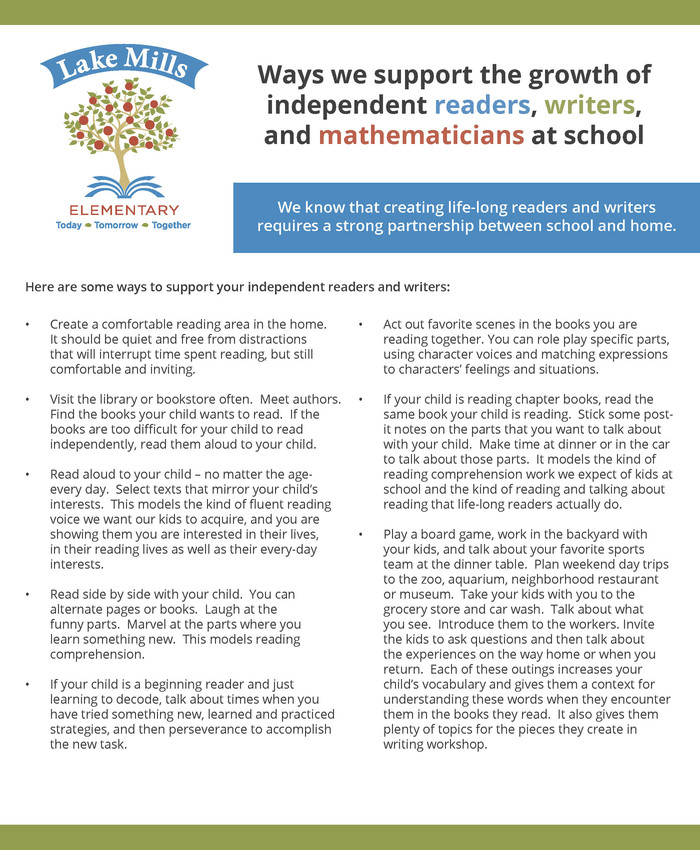Ways we support the growth of independent readers, writers and mathematicians at school